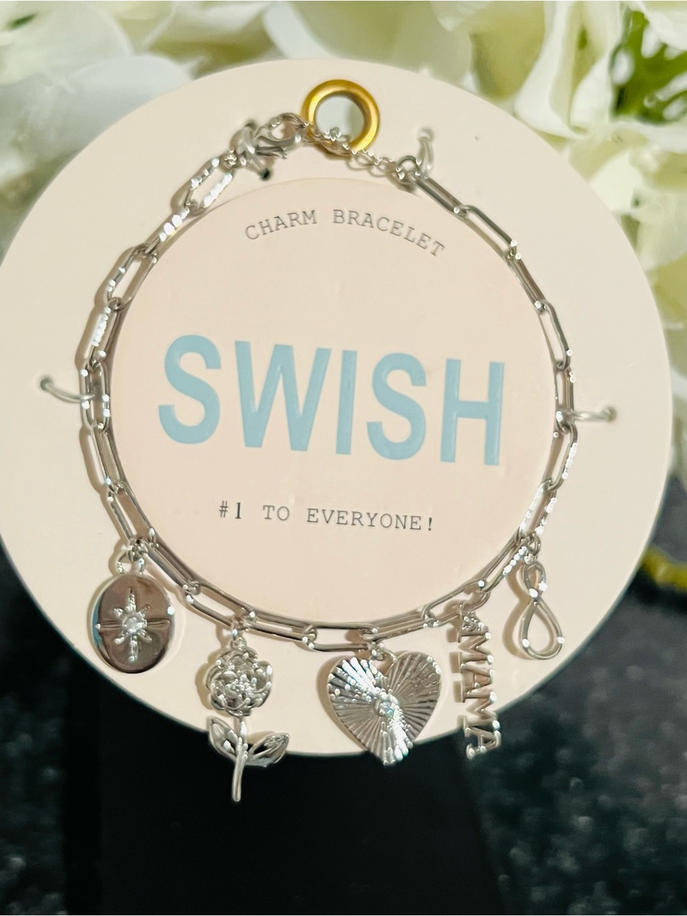 Swish Silver-Link Charm Bracelet W/Heart, Flower & Mama Letter Tag